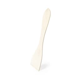 A wooden spatula in a light natural colour with a smooth, curved design and a pointed end.