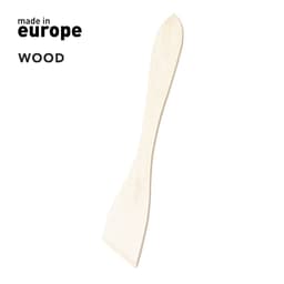 A wooden spatula with a smooth finish, featuring a tapered end and a rounded handle. It has a simple design.