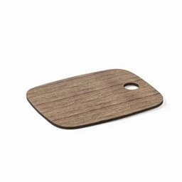 A wooden cutting board with a smooth finish and a hole for hanging, showcasing a rich brown colour.