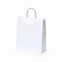 A white paper bag with a flat bottom and a brown handle. The bag is plain with no branding.