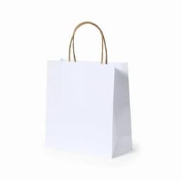 A white paper bag with brown handles, featuring a simple, minimalist design.