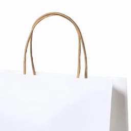 A white shopping bag with brown paper handles, featuring a minimalist design and no visible branding.