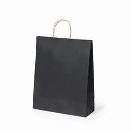 A black paper shopping bag with a gold handle, featuring a simple, elegant design.