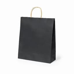 A black paper shopping bag with a gold handle, featuring a simple and minimalist design.