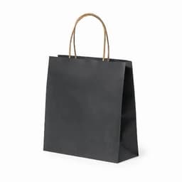A black paper bag with brown handles, featuring a simple, unadorned design.