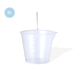 A transparent plastic measuring container with a pointed spout and a handle, marked for 6 litres.