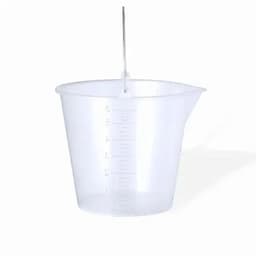 A measuring cup with a spout, made of clear plastic, featuring measurement markings on the side.