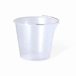 A transparent plastic bucket with a metal handle, featuring measurement markings on the side.