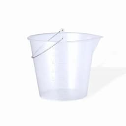 A clear plastic measuring bucket with a handle and measurement markings along the side.