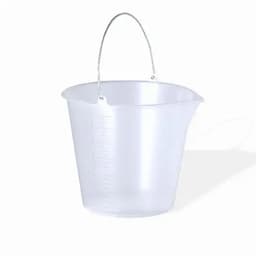 A transparent measuring bucket with a silver handle, featuring measurement markings on the side.