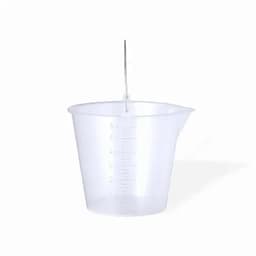 A clear measuring cup with a spout and a handle, featuring measurement markings on the side.