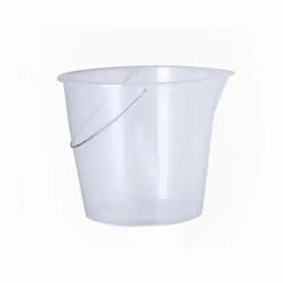 A clear plastic bucket with a metal handle, featuring measurement markings on the side.