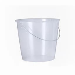 A clear plastic bucket with a handle, featuring a simple design and smooth surface, suitable for various uses.