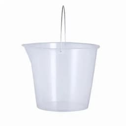 A clear plastic bucket with a metal handle, featuring a pour spout and a smooth surface.
