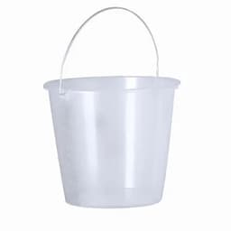 A clear plastic bucket with a metal handle, featuring measurement markings on the side.
