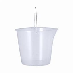 A clear plastic bucket with a metal handle and a spout for easy pouring.