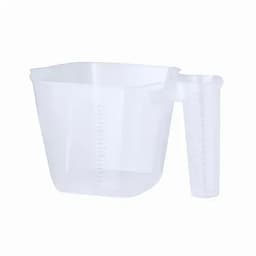 A transparent measuring jug with a square shape and a handle, featuring measurement markings on the side.