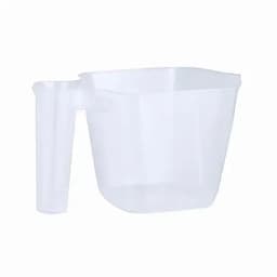 A clear plastic measuring jug with a handle, featuring a square shape and a spout for easy pouring.