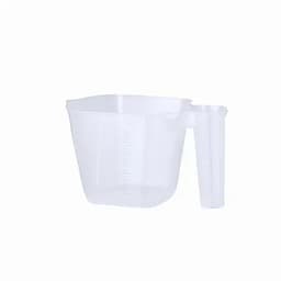 A measuring jug with a handle, made of clear plastic, featuring measurement markings on the side.