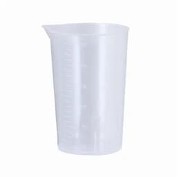 A clear measuring cup with printed volume markings on the side. It has a spout for easy pouring.