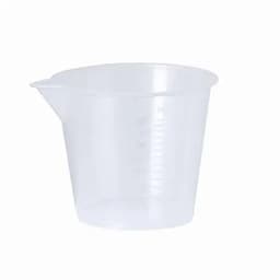 A clear plastic measuring cup with a spout and measurement markings on the side.