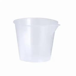 A clear plastic measuring jug with a spout and handle, designed for pouring liquids.