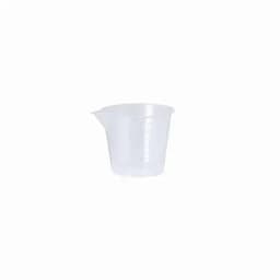 A clear plastic measuring cup with graduated markings and a pouring spout.