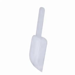 A white plastic scoop with a curved edge and a long handle, featuring a simple design.