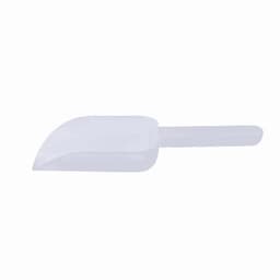 A scoop with a curved edge and a straight handle, made of clear plastic.