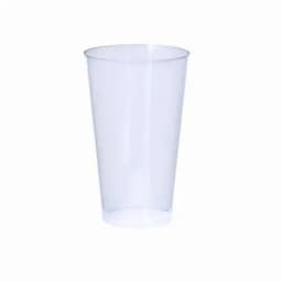A clear plastic cup with a tapered design, suitable for various beverages. It has a smooth surface and no visible branding.