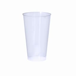 A clear plastic cup with a smooth surface and tapered design, suitable for beverages.
