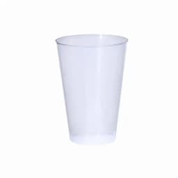 A drink bottle with a clear, sleek design and a slightly tapered shape, featuring a branding logo.