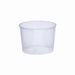 A clear, round plastic container with smooth sides and a flat base.