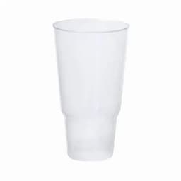 A clear plastic drink bottle with a simple design and a logo on it.