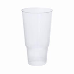 A transparent plastic cup with a tapered design, suitable for various beverages. It includes a branding logo.