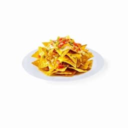 A plate of nachos topped with melted cheese, diced tomatoes, and green onions, served on a white dish.