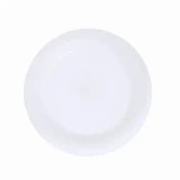A white dinner plate with a smooth surface and slightly raised edges. It features a simple, classic design.
