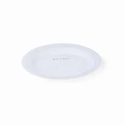 A white oval plate with a smooth surface and a branding logo in the centre.