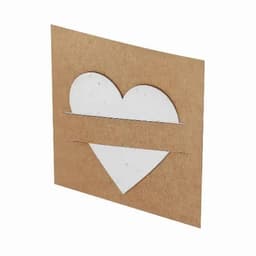 A brown card featuring a cut-out heart shape, with a white insert partially visible through the heart.