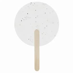 A round, white promotional fan with a wooden handle, featuring a speckled texture.