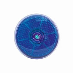 A drink bottle in a circular shape featuring a blue colour with a textured surface and a central logo.