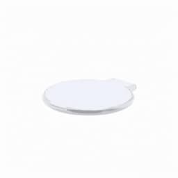 A round white drink bottle lid with a small tab, featuring a simple design and a smooth surface.