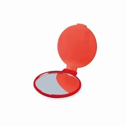 A compact mirror with a bright red exterior and a circular shape, featuring a reflective surface inside.