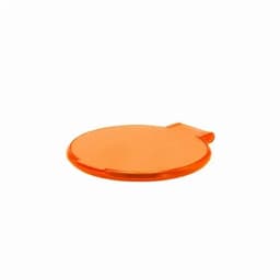 An orange drink bottle lid with a curved shape, featuring a small tab for easy removal.