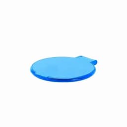 A blue circular lid with a small tab, featuring a simple design and a smooth surface.
