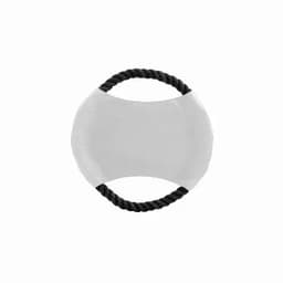 A grey promotional product with a black rope handle and a smooth surface, featuring a logo.