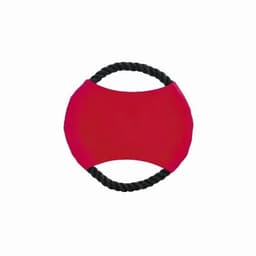 A red exercise wheel with a black rope handle. The product features a simple, ergonomic design.
