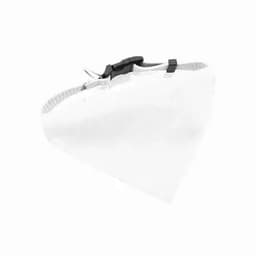 A pet bandana in white with a grey adjustable strap and clip, featuring a triangular design.