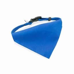 A blue bandana with a clip, featuring a triangular shape and a lined interior. It has a brand logo.