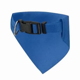 A blue dog bandana with a black buckle and D-ring for attachment. It features a simple, practical design.